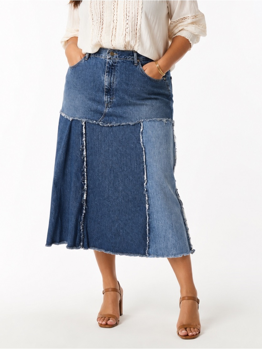 Wrangler x Vintage Reworked Upcycled Pieced Denim Midi Skirt Plus Size
